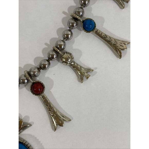 Vtg Arthur Pepper Faux Southwestern Squash Blossom Necklace Silver Turquoise - Picture 6 of 10
